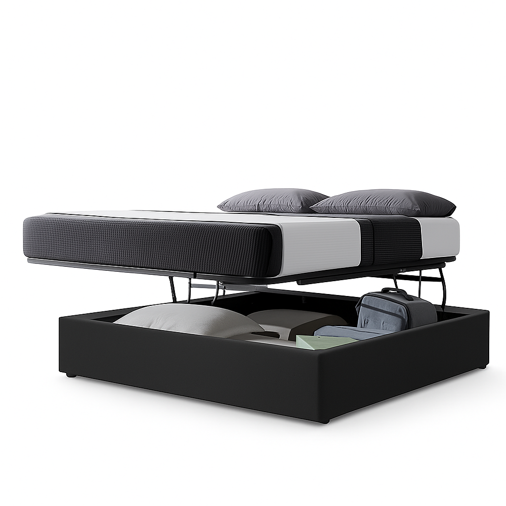 Lit coffre ouverture latérale et frontale tissu gris - Collection Parallèle