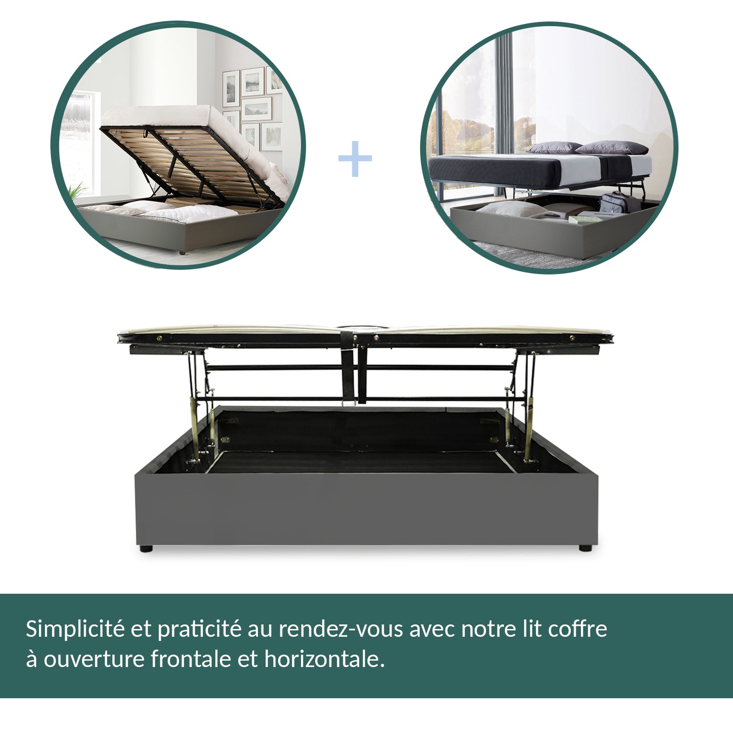 Innovatives Lounge-Stauraumbett in grauem Kunstleder: Mit der horizontalen Öffnung wird das Bettenmachen zum Kinderspiel!