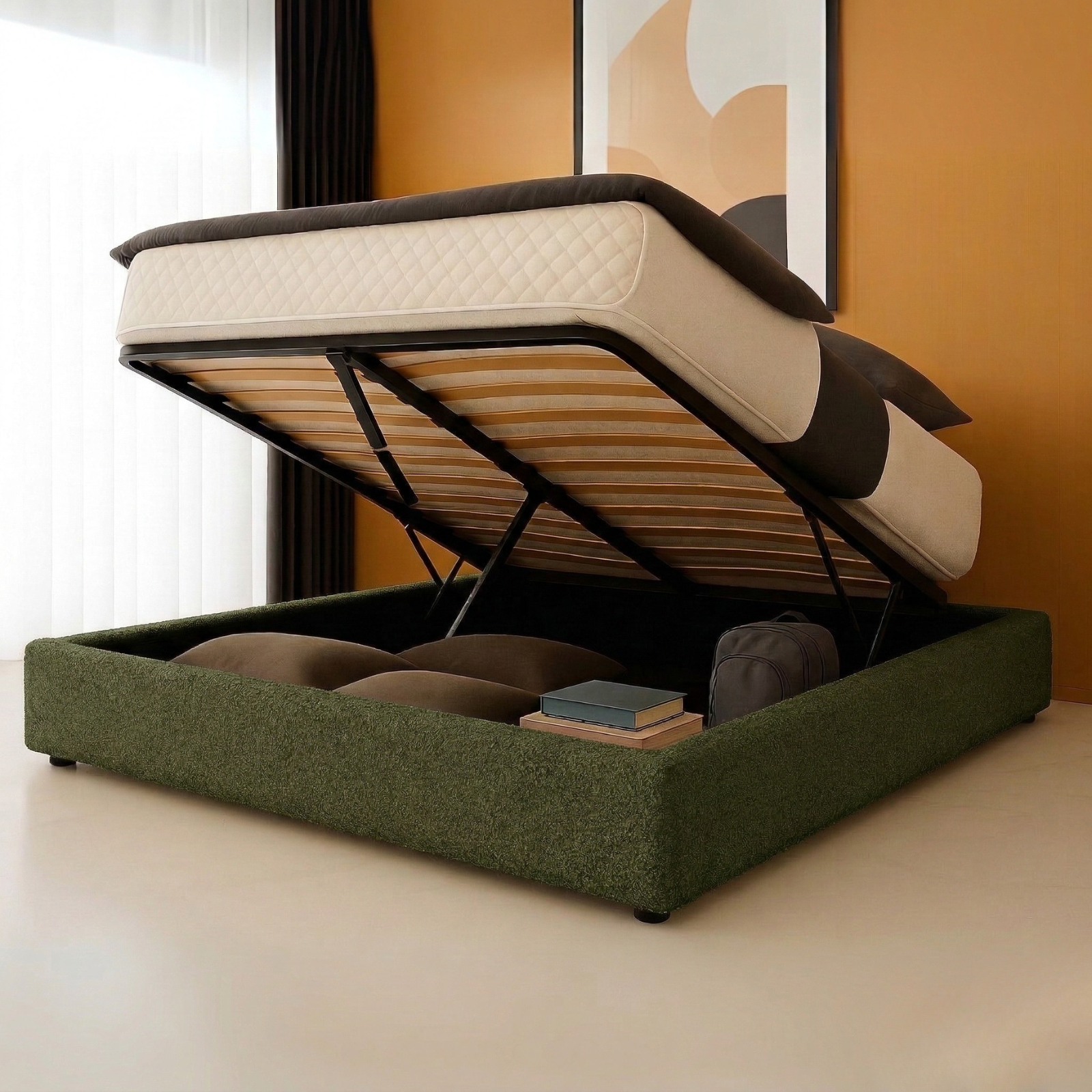 Storage bed with side and front opening in bouclé fabric - Parallel Collection