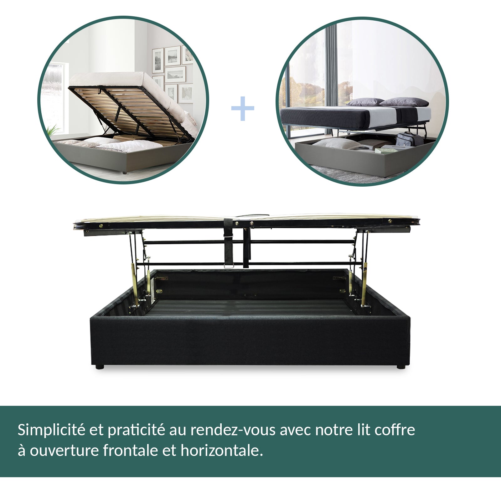 Lit coffre ouverture latérale et frontale tissu gris - Collection Parallèle