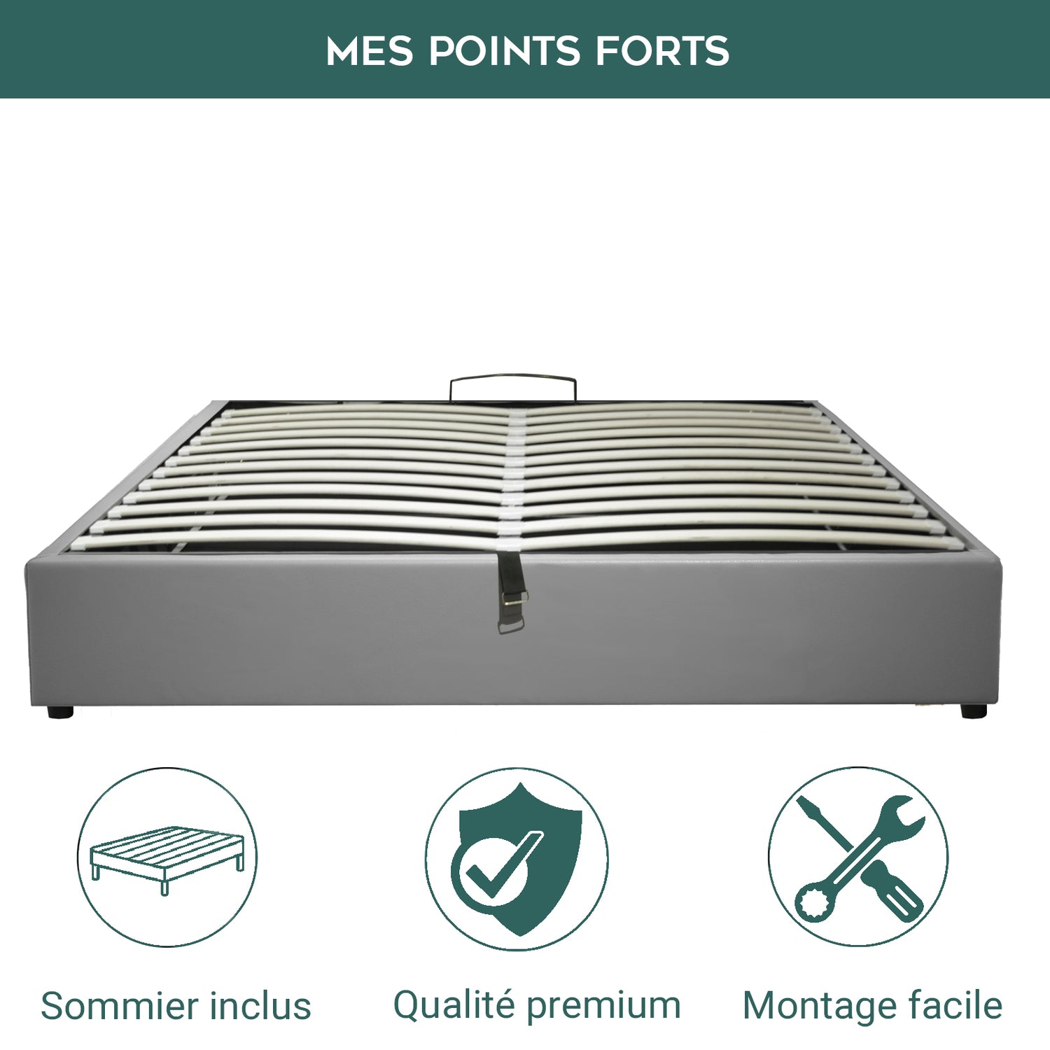 Innovatives Lounge-Stauraumbett in grauem Kunstleder: Mit der horizontalen Öffnung wird das Bettenmachen zum Kinderspiel!