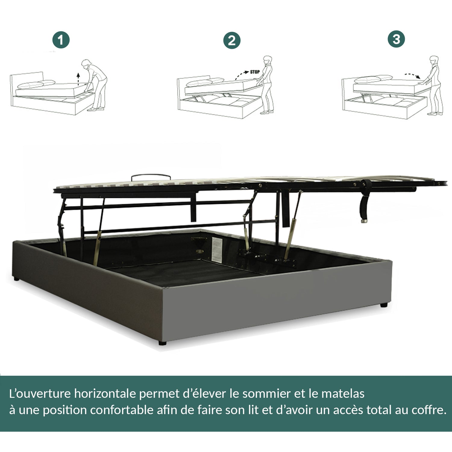 Innovatives Lounge-Stauraumbett in grauem Kunstleder: Mit der horizontalen Öffnung wird das Bettenmachen zum Kinderspiel!