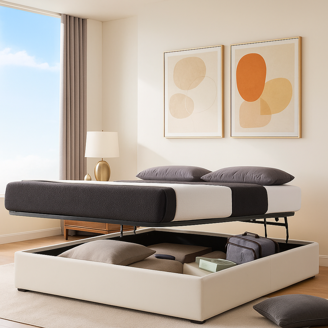 Lit coffre ouverture latérale et frontale simili cuir blanc - Collection Parallèle