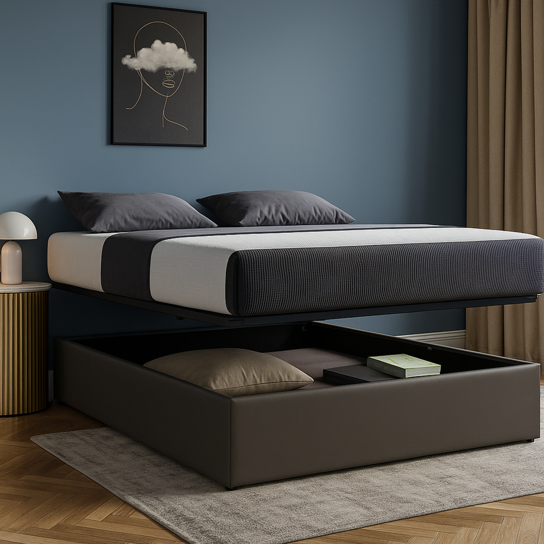 Innovatives Lounge-Stauraumbett in grauem Kunstleder: Mit der horizontalen Öffnung wird das Bettenmachen zum Kinderspiel!