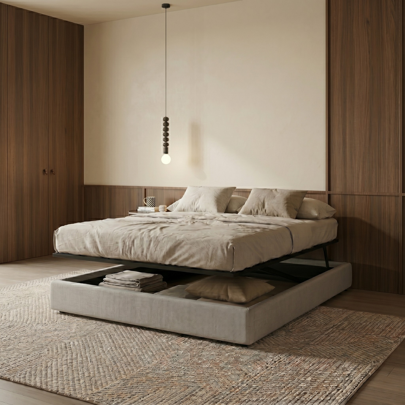 Storage bed with side and front opening, grey fabric - Parallel Collection