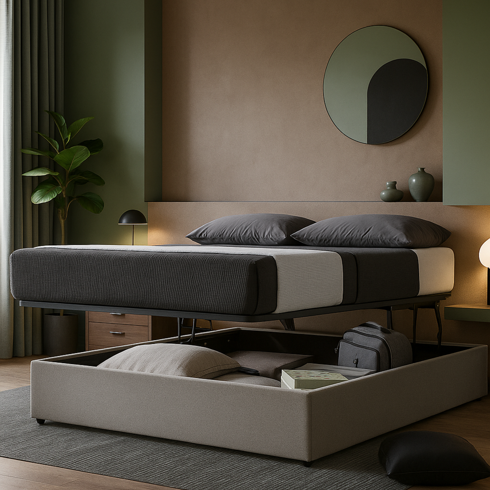 Lit coffre ouverture latérale et frontale tissu gris - Collection Parallèle