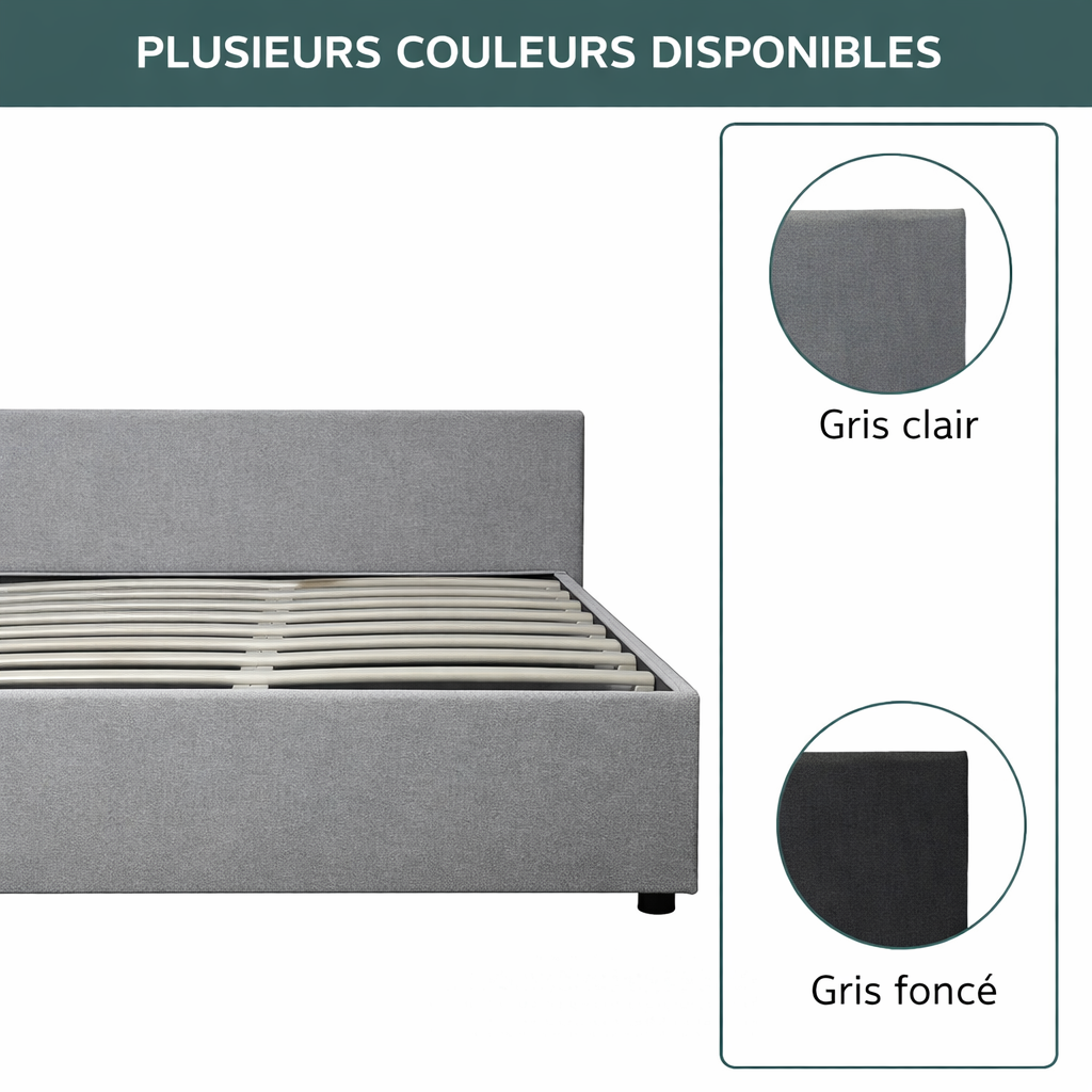 Innovatives Lounge-Stauraumbett in hellgrauem Stoff: Mit der horizontalen Öffnung wird das Bettenmachen zum Kinderspiel!