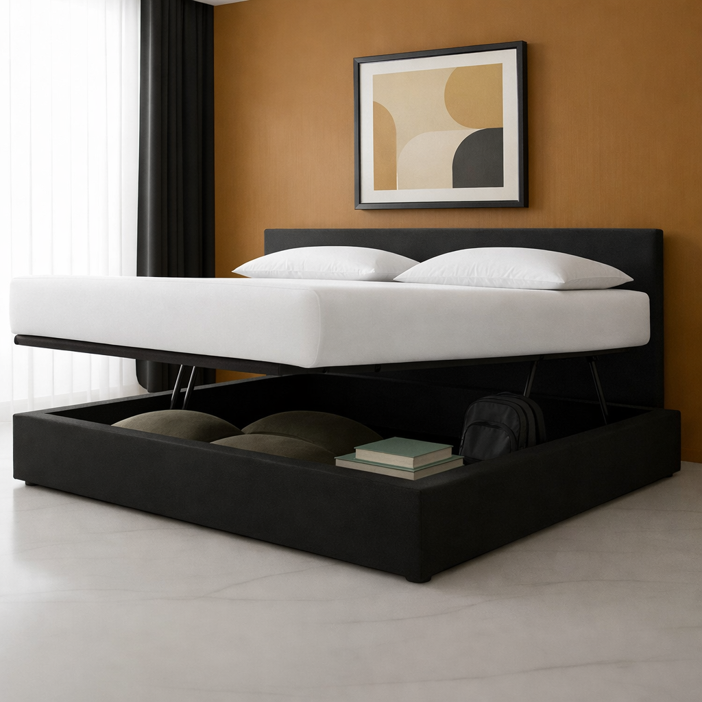 Innovatives Lounge-Stauraumbett in hellgrauem Stoff: Mit der horizontalen Öffnung wird das Bettenmachen zum Kinderspiel!