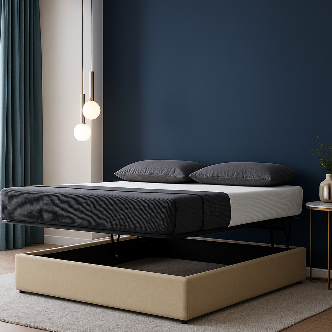 Lit coffre ouverture latérale et frontale tissu sable - Collection Parallèle