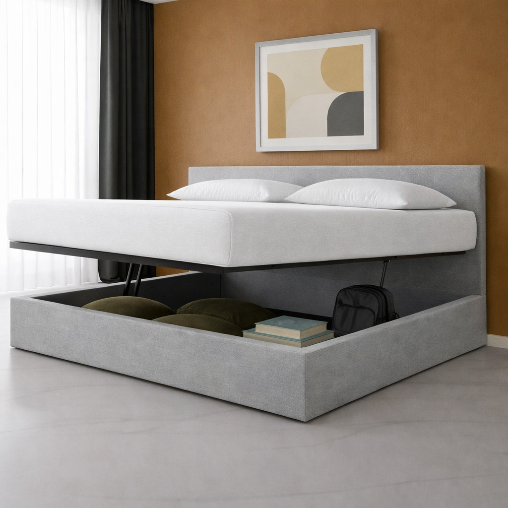 Innovatives Lounge-Stauraumbett in hellgrauem Stoff: Mit der horizontalen Öffnung wird das Bettenmachen zum Kinderspiel!