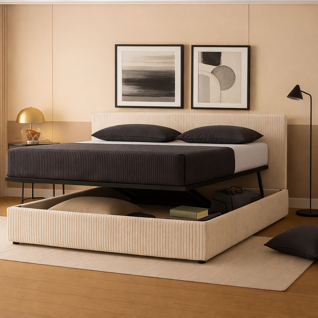 Innovatives Lounge-Stauraumbett in schwarzem Kunstleder: Mit der horizontalen Öffnung wird das Bettenmachen zum Kinderspiel!