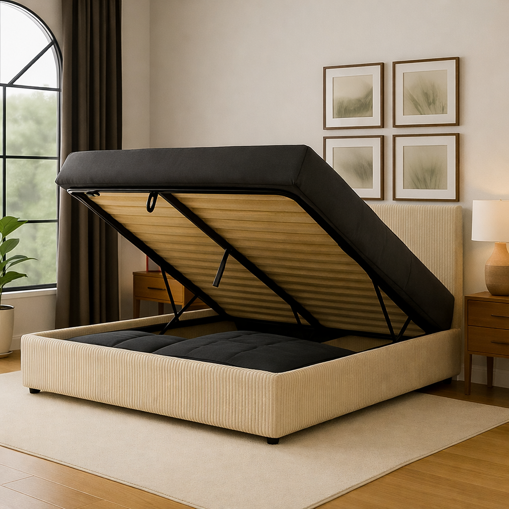 Innovatives Lounge-Stauraumbett in schwarzem Kunstleder: Mit der horizontalen Öffnung wird das Bettenmachen zum Kinderspiel!