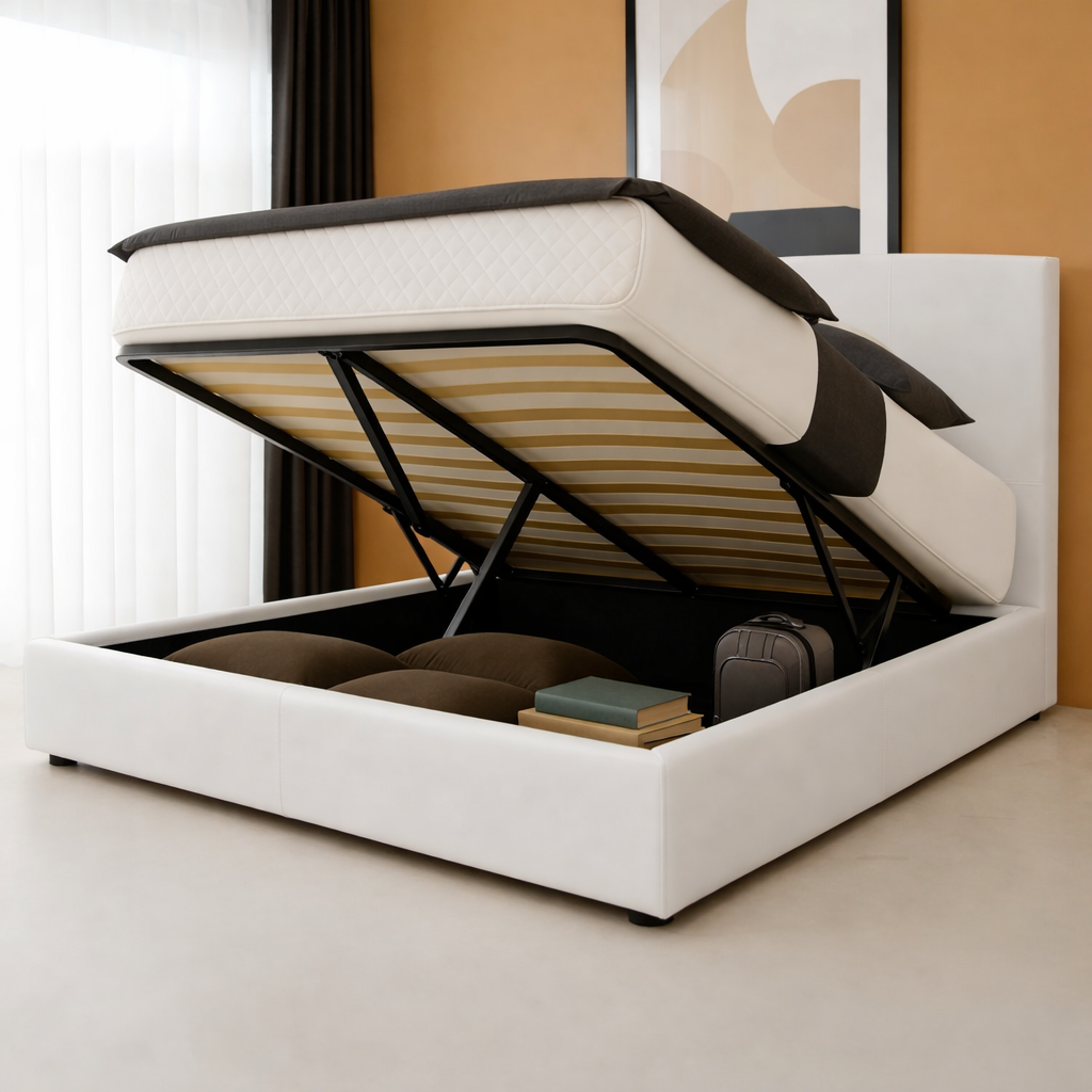 Innovatives Lounge-Stauraumbett in hellgrauem Stoff: Mit der horizontalen Öffnung wird das Bettenmachen zum Kinderspiel!