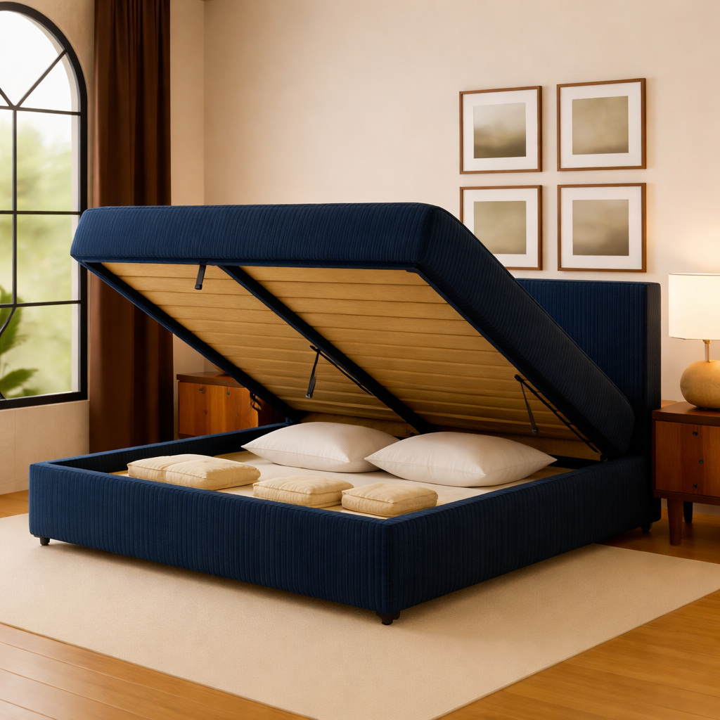 Innovatives Lounge-Stauraumbett in schwarzem Kunstleder: Mit der horizontalen Öffnung wird das Bettenmachen zum Kinderspiel!