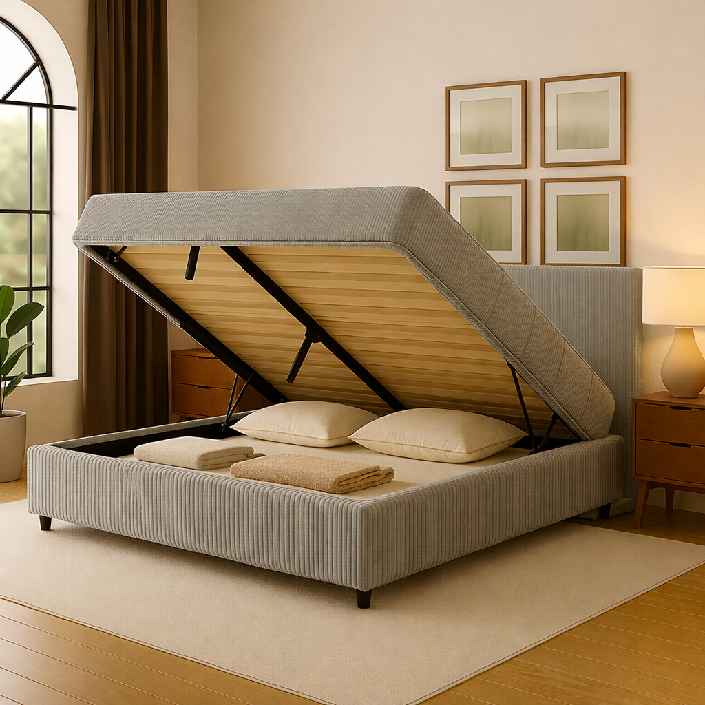 Innovatives Lounge-Stauraumbett in schwarzem Kunstleder: Mit der horizontalen Öffnung wird das Bettenmachen zum Kinderspiel!