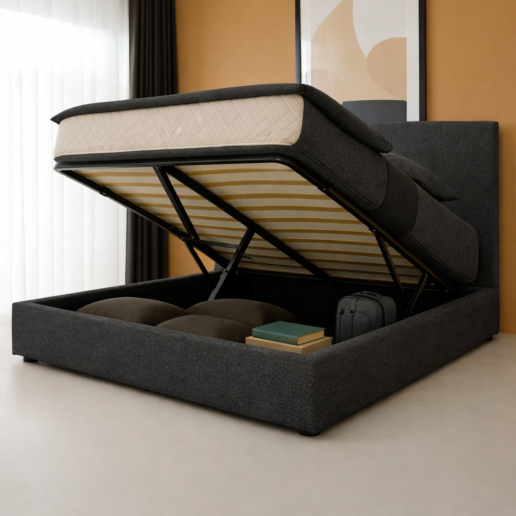 Innovatives Lounge-Stauraumbett in schwarzem Kunstleder: Mit der horizontalen Öffnung wird das Bettenmachen zum Kinderspiel!