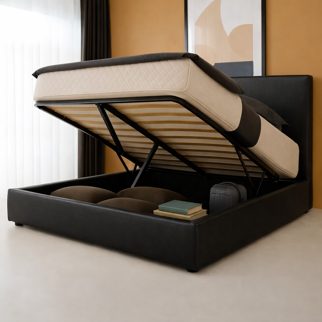 Innovatives Lounge-Stauraumbett in hellgrauem Stoff: Mit der horizontalen Öffnung wird das Bettenmachen zum Kinderspiel!