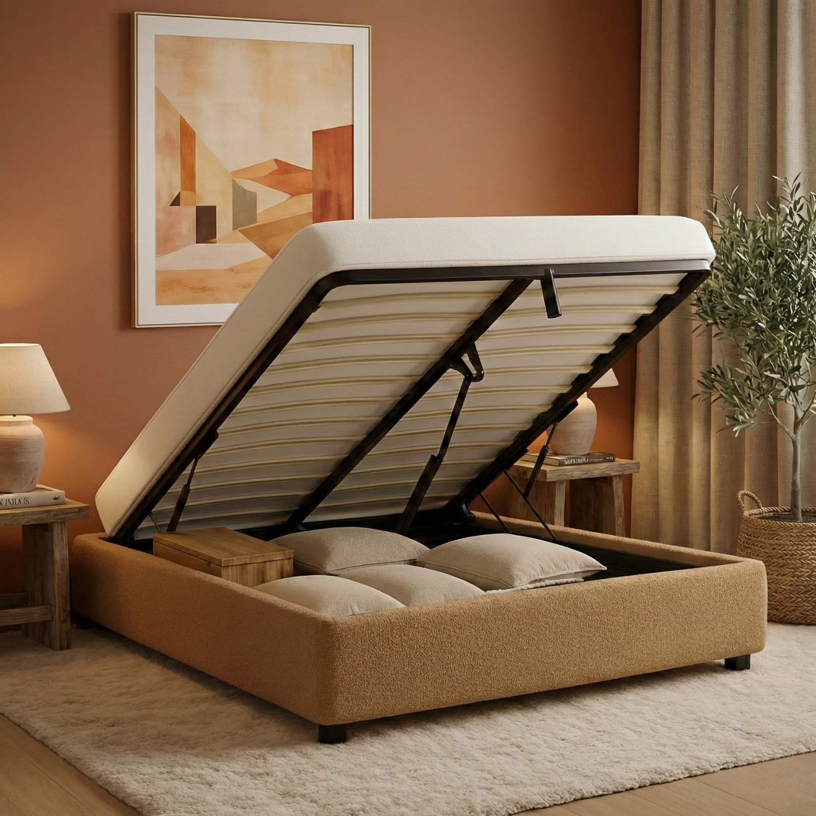 Electric storage bed with bouclé fabric, remote control, flexible slatted base - Futura Collection