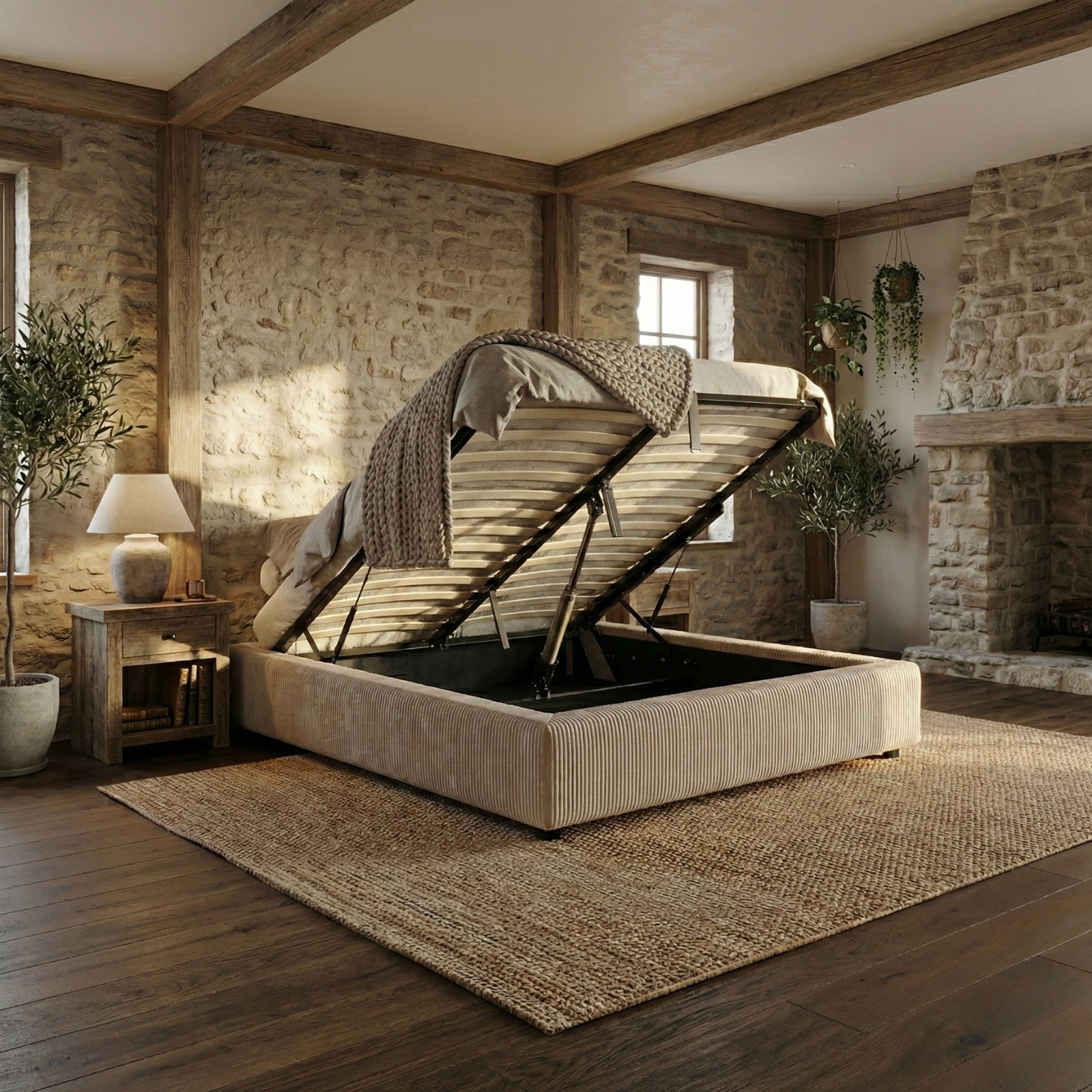 Lit coffre électrique velours côtelé, télécommande, sommier flexible - Collection Futura