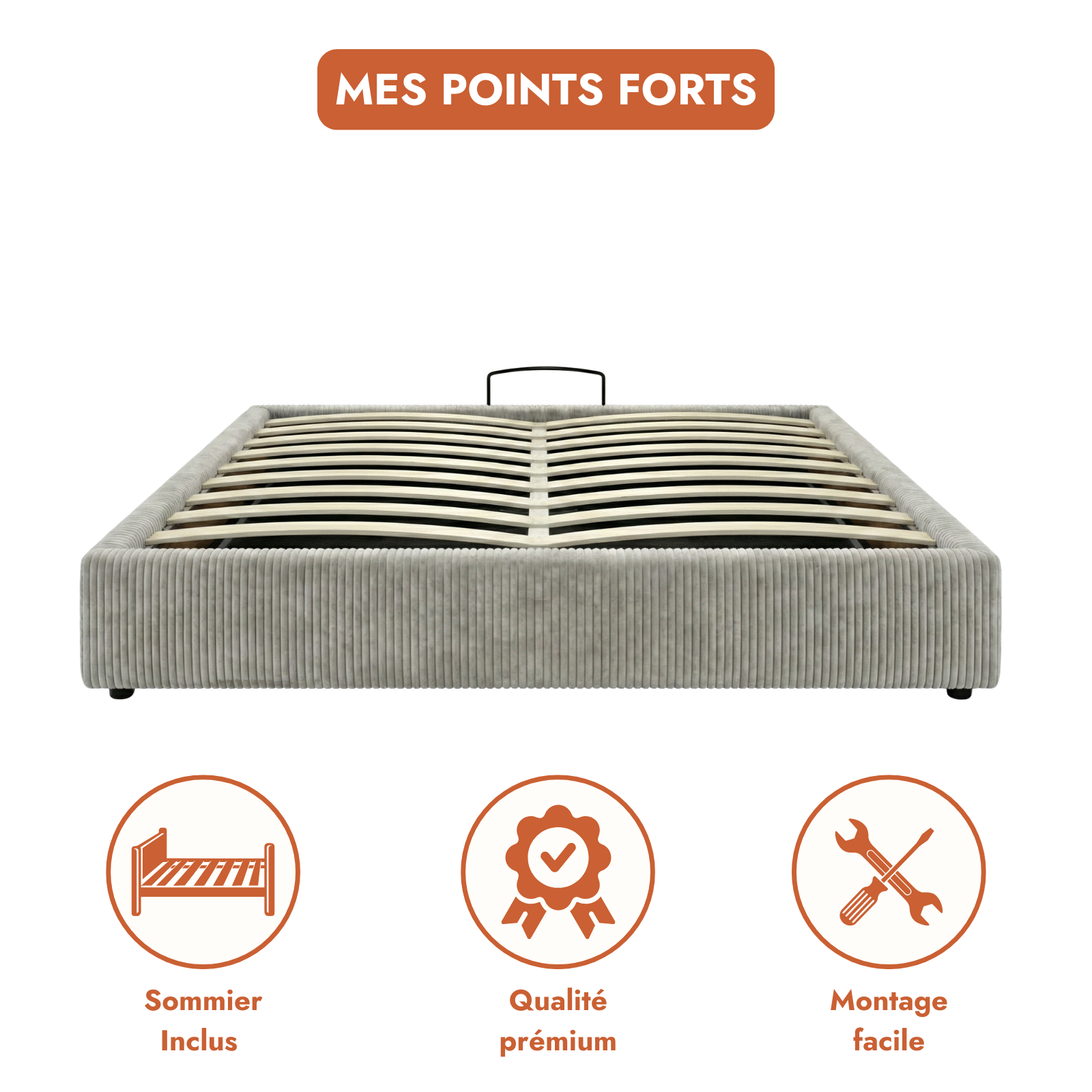 Lit coffre électrique velours côtelé, télécommande, sommier flexible - Collection Futura