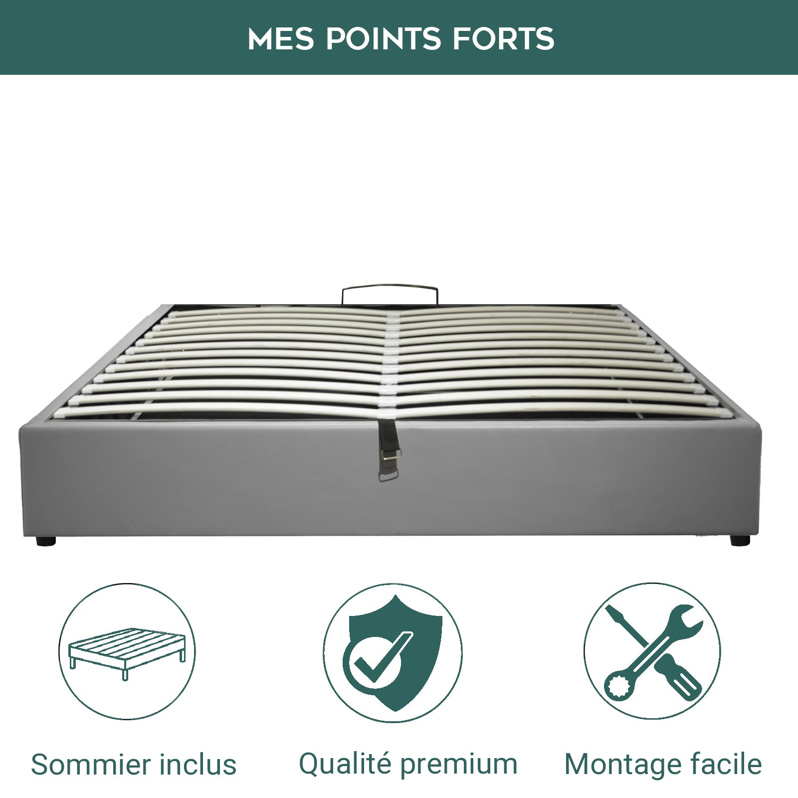 Lit coffre électrique simili cuir gris, télécommande, sommier flexible - Collection Futura