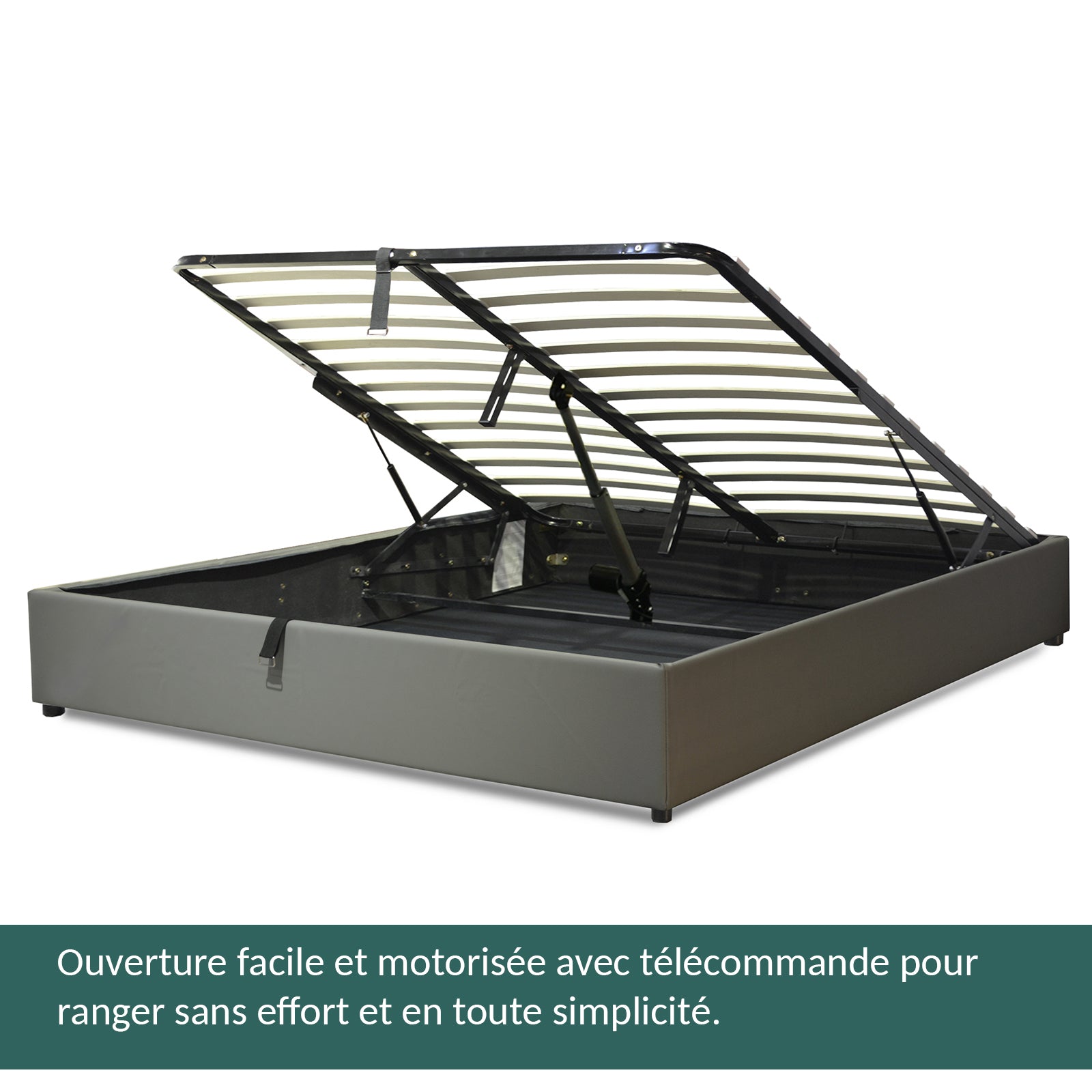 Lit coffre électrique simili cuir gris, télécommande, sommier flexible - Collection Futura