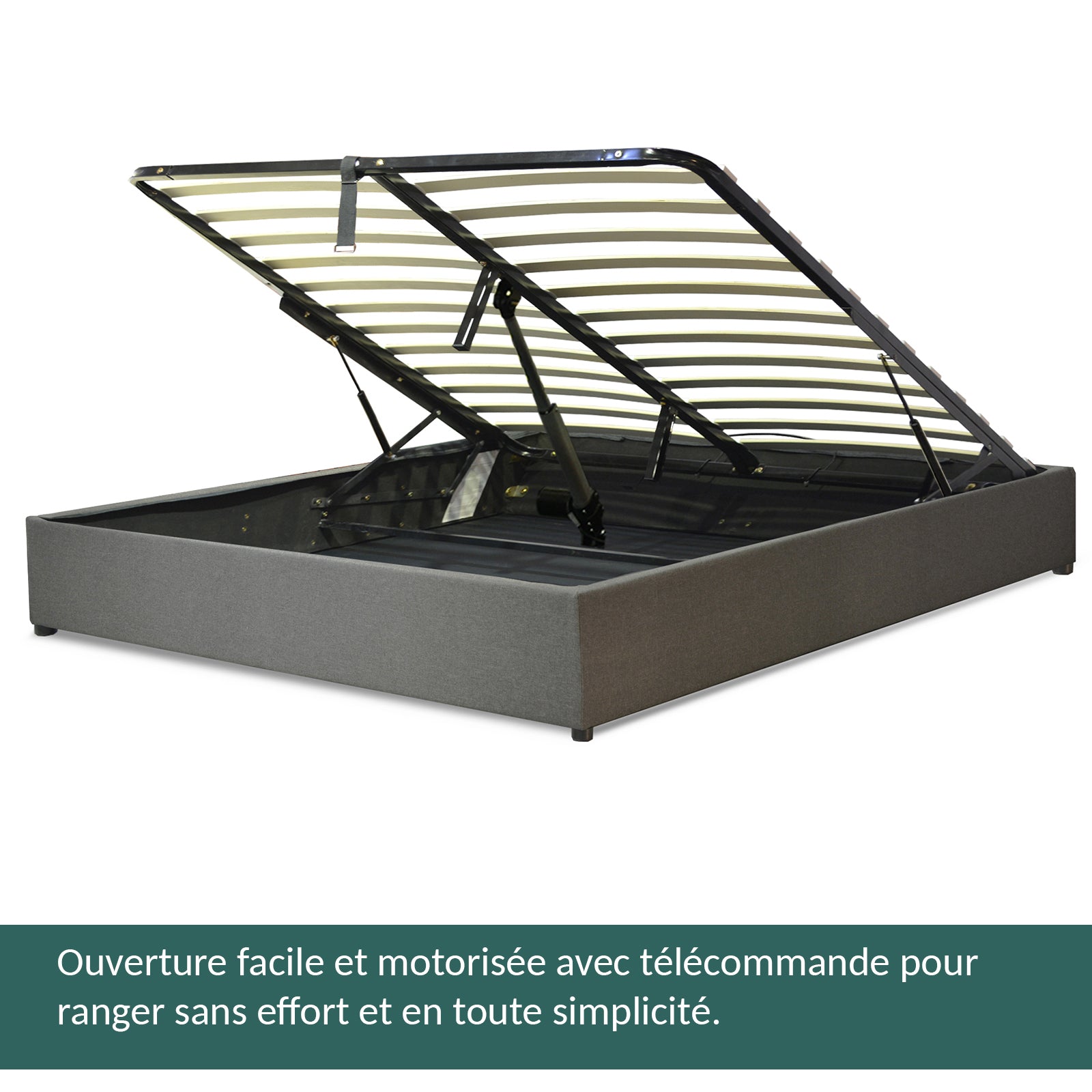 Lit coffre électrique tissu gris, télécommande, sommier flexible - Collection Futura
