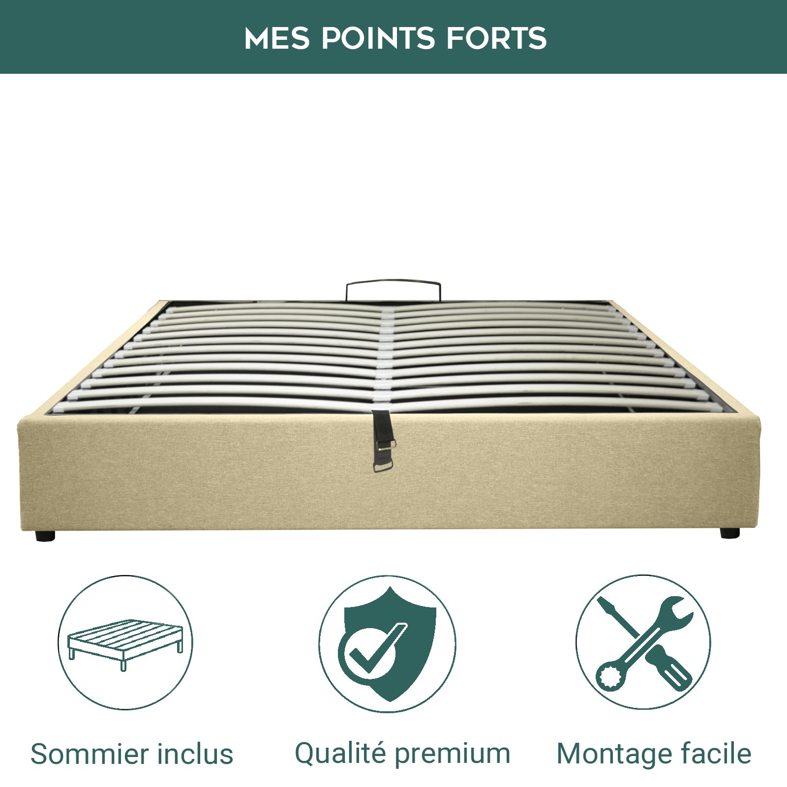 Futura originelles Stauraumbett mit Hubbett, schicker Stoffbezug in Sand: automatisches Öffnen per Fernbedienung und flexibler Lattenrost aus Holz
