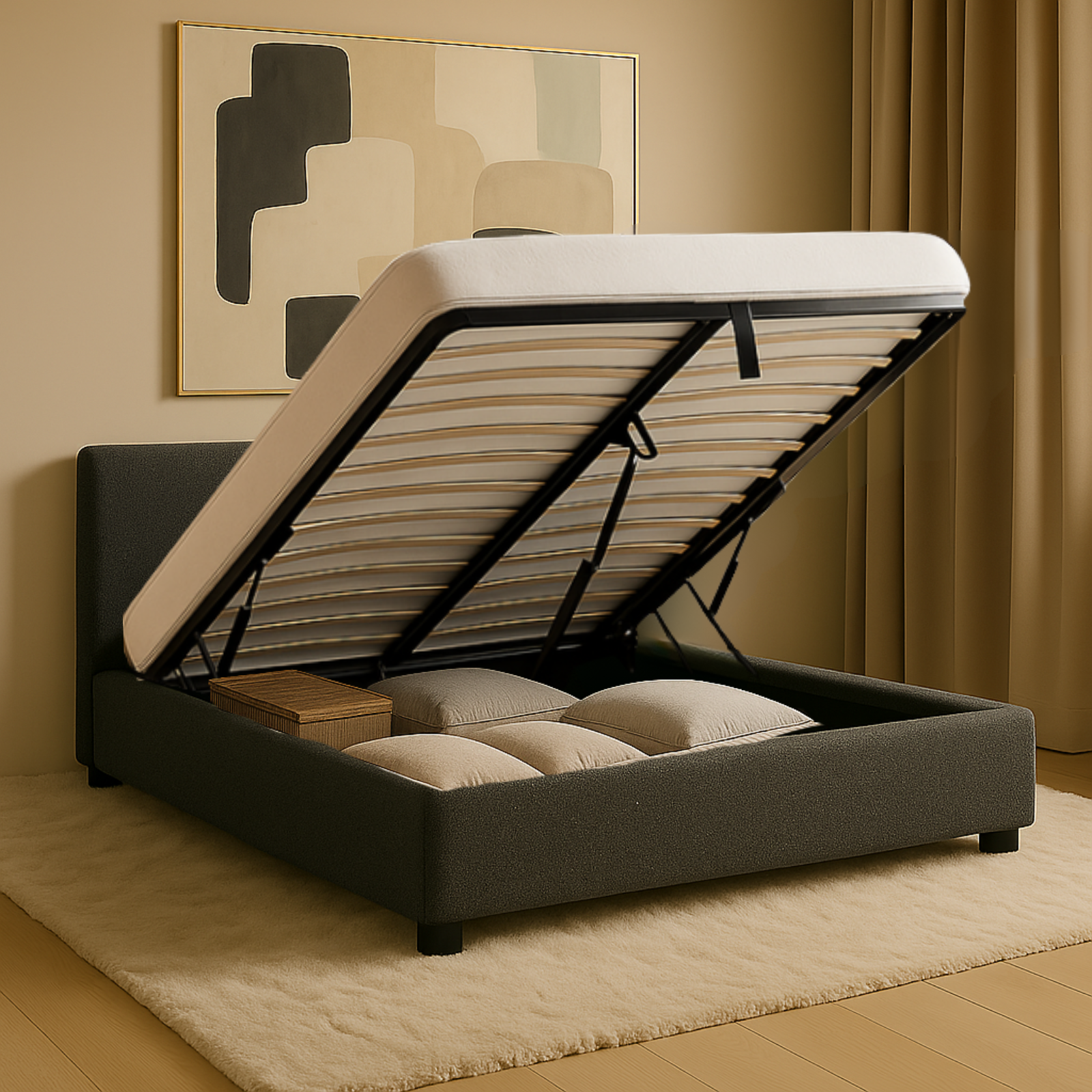 Futura originelles Stauraumbett mit Hubbett, schicker Stoffbezug in Sand: automatisches Öffnen per Fernbedienung und flexibler Lattenrost aus Holz