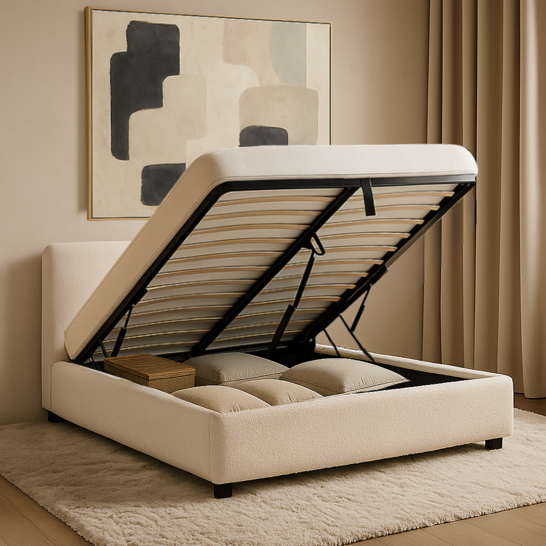 Futura originelles Stauraumbett mit Hubbett, schicker Stoffbezug in Sand: automatisches Öffnen per Fernbedienung und flexibler Lattenrost aus Holz