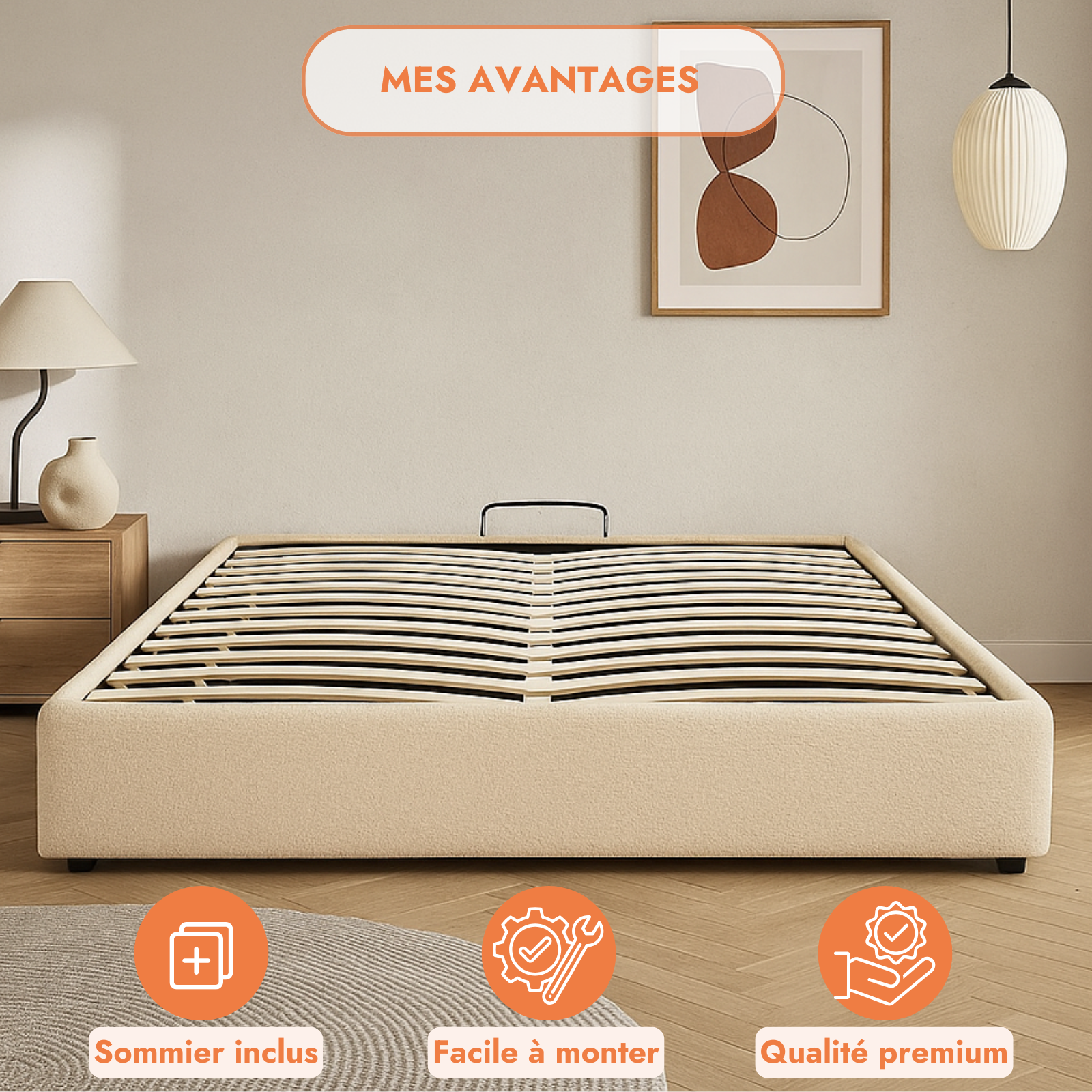 Lit coffre électrique bouclette, télécommande, sommier flexible - Collection Futura