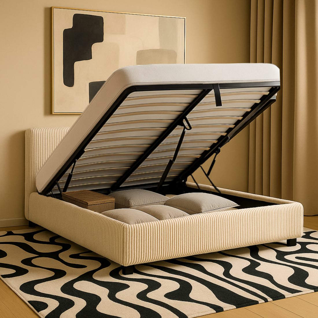 Futura originelles Stauraumbett mit Hubbett, schicker Stoffbezug in Sand: automatisches Öffnen per Fernbedienung und flexibler Lattenrost aus Holz