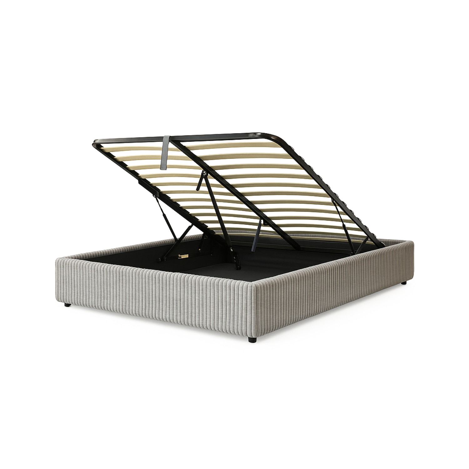 Futura originelles Stauraumbett mit Hubbett, schicker Stoffbezug in Sand: automatisches Öffnen per Fernbedienung und flexibler Lattenrost aus Holz