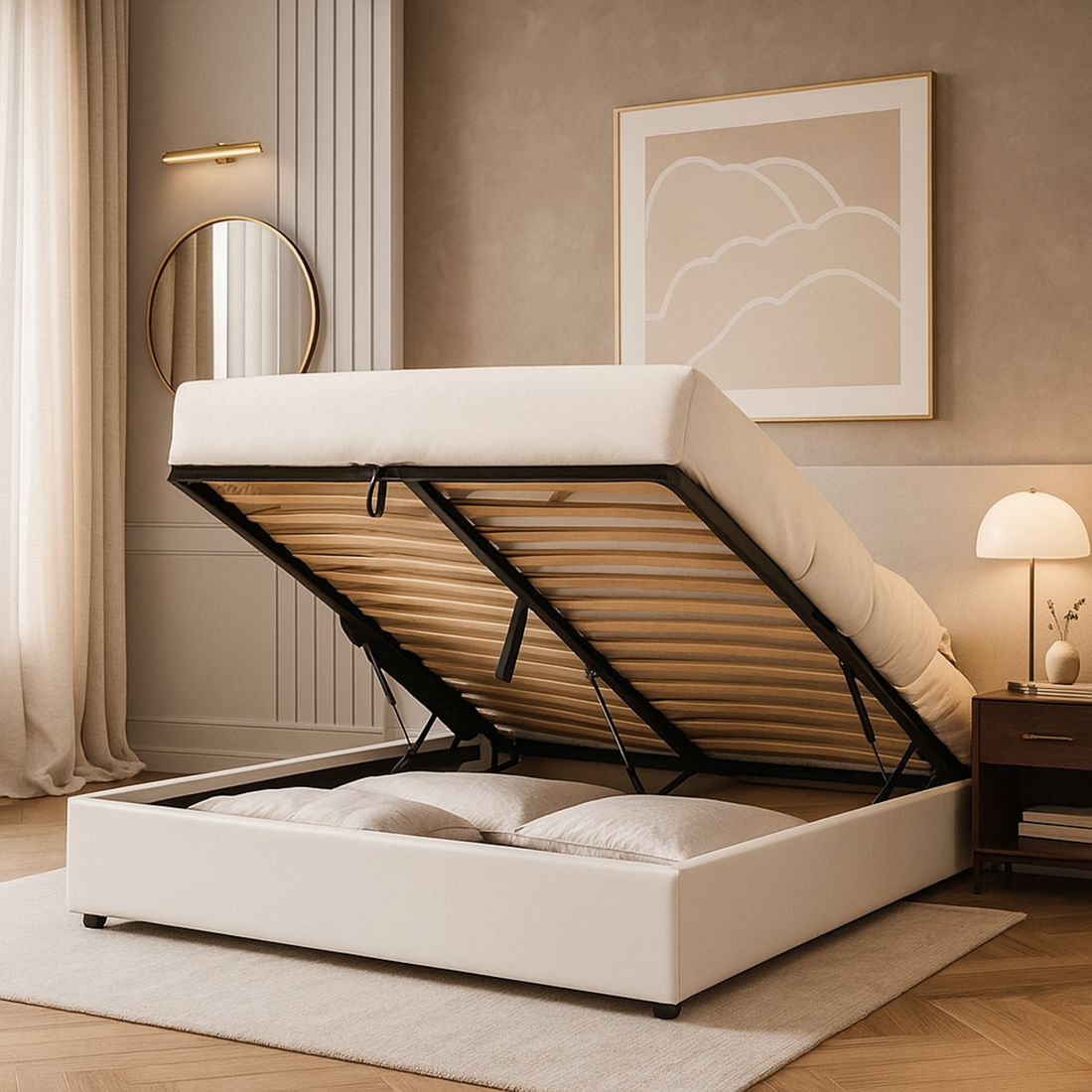 Lit coffre électrique simili cuir blanc, télécommande, sommier flexible - Collection Futura