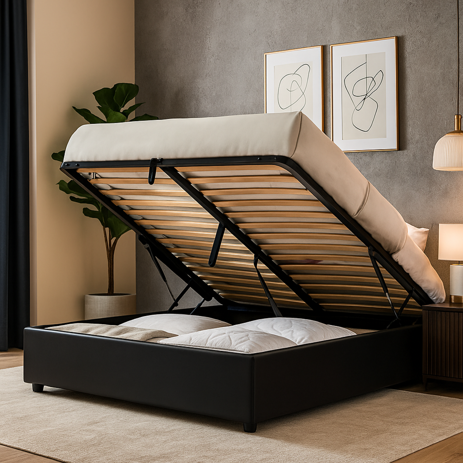 Futura – innovatives Klappbett mit Stauraum und Bezug aus schwarzem Kunstleder: automatisches Öffnen per Fernbedienung und flexibler Lattenrost aus Holz