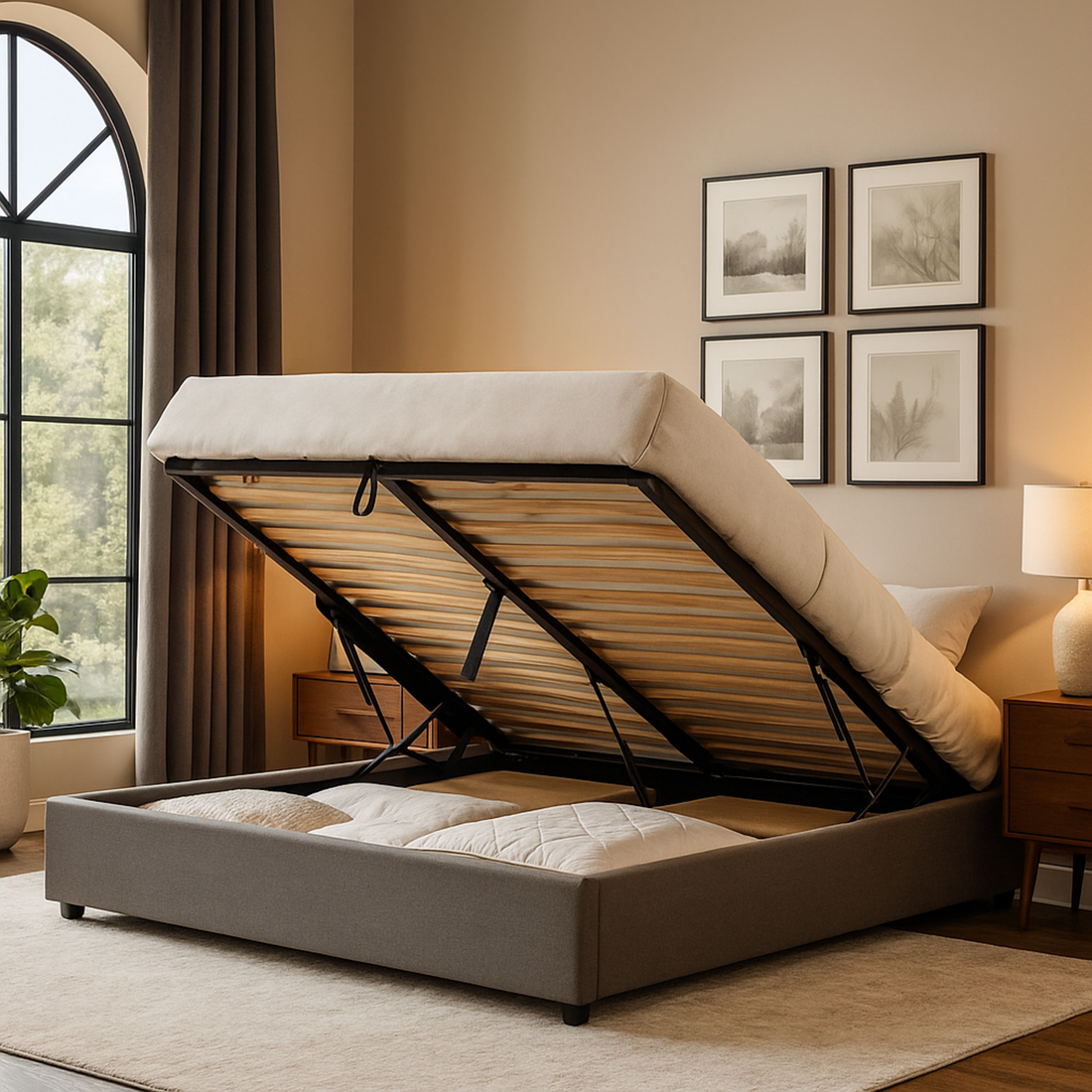 Lit coffre électrique tissu gris, télécommande, sommier flexible - Collection Futura