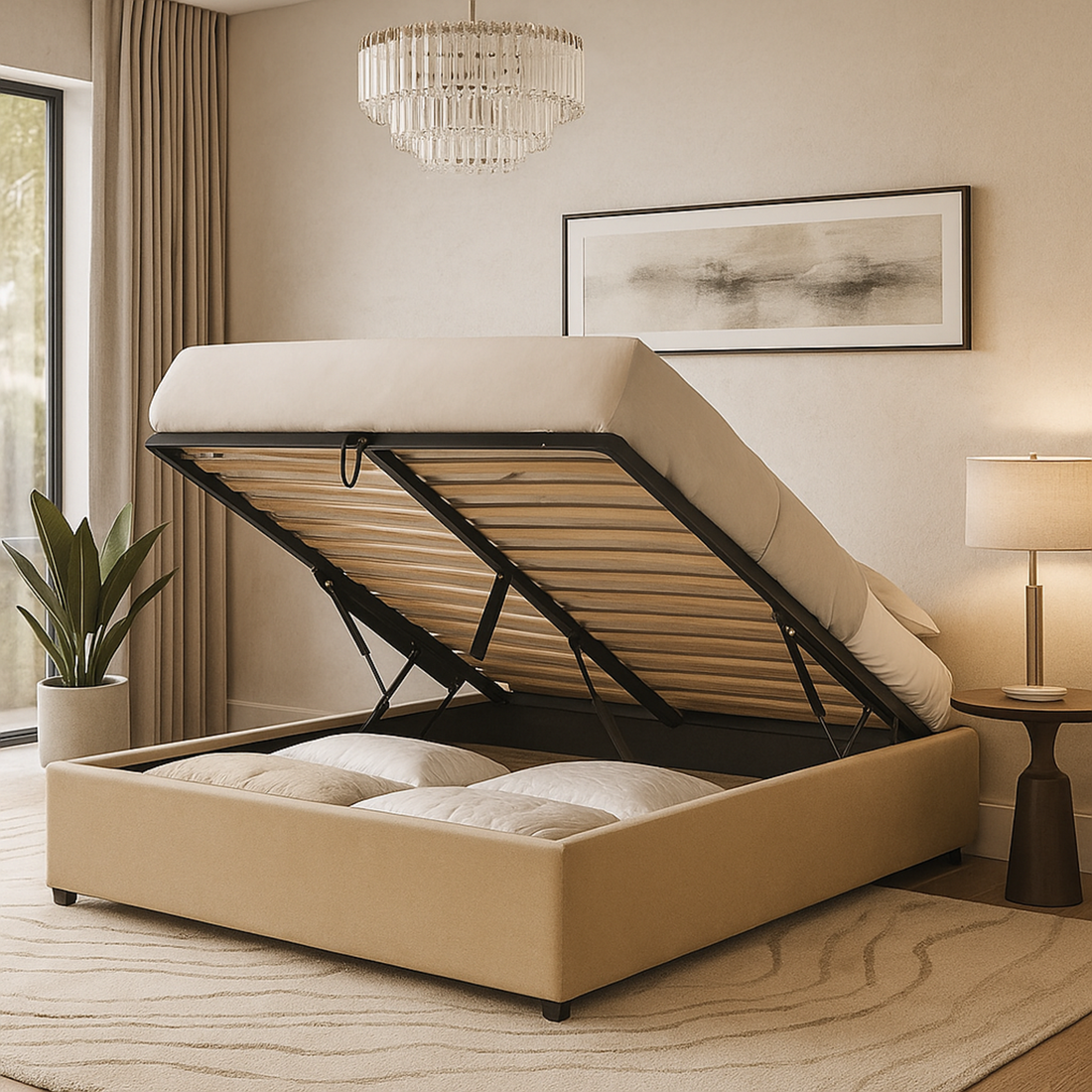 Futura originelles Stauraumbett mit Hubbett, schicker Stoffbezug in Sand: automatisches Öffnen per Fernbedienung und flexibler Lattenrost aus Holz
