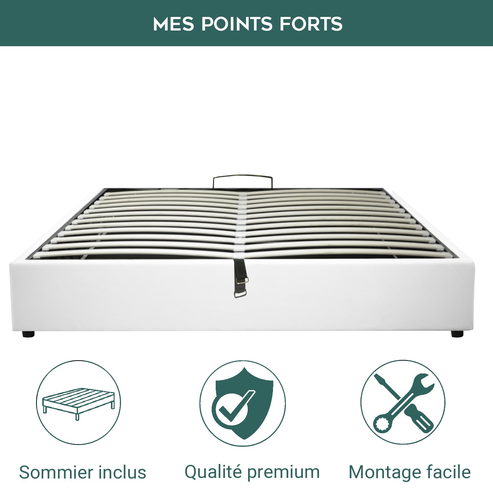 Lit coffre électrique simili cuir blanc, télécommande, sommier flexible - Collection Futura