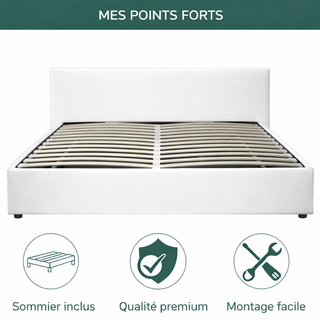 Futura – innovatives Klappbett mit Stauraum und Bezug aus weißem Kunstleder: automatisches Öffnen per Fernbedienung und flexibler Lattenrost aus Holz