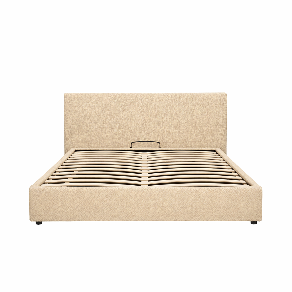 Electric storage bed with headboard, bouclé fabric, and remote control - Futura design collection