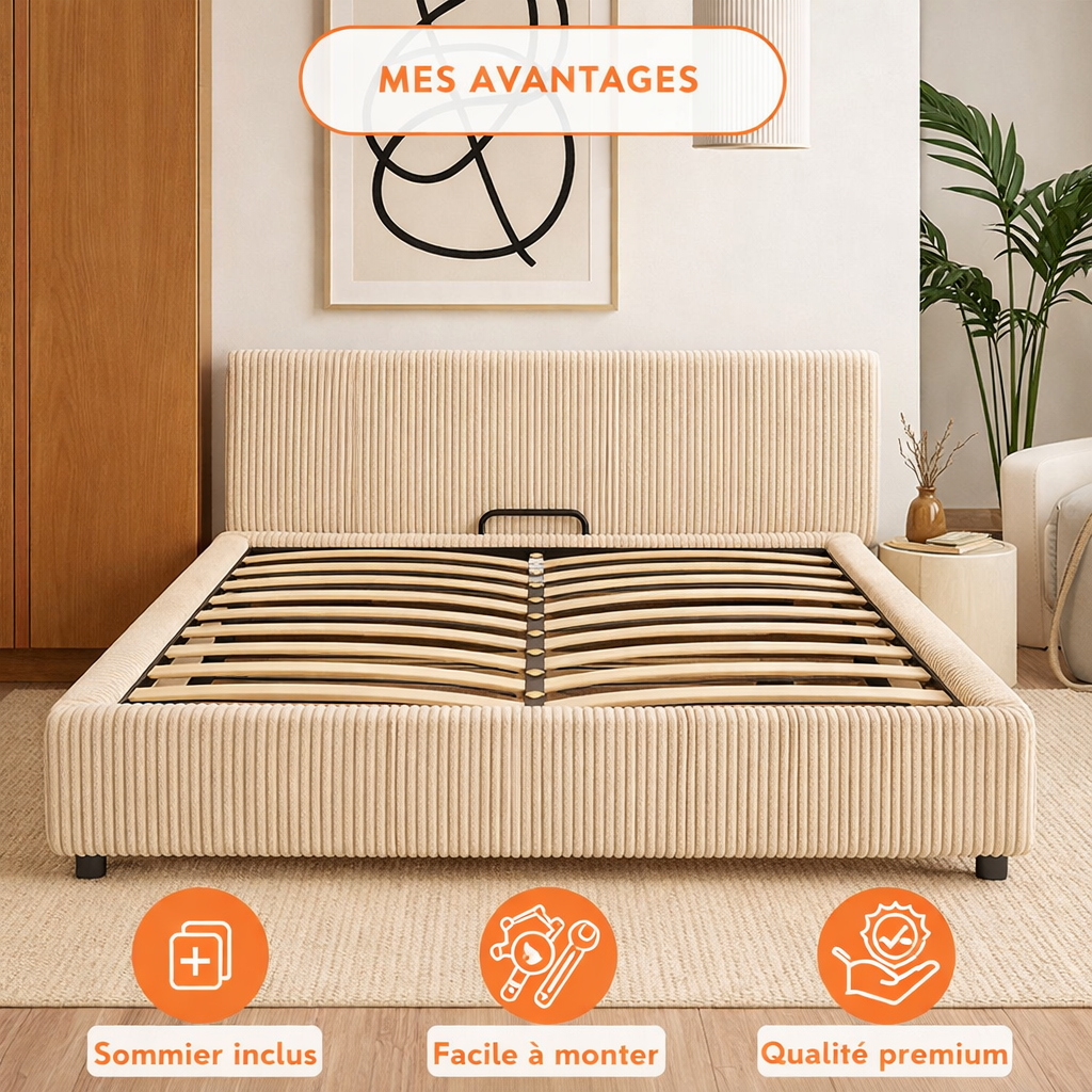 Futura originelles Stauraumbett mit Hubbett, schicker Stoffbezug in Sand: automatisches Öffnen per Fernbedienung und flexibler Lattenrost aus Holz