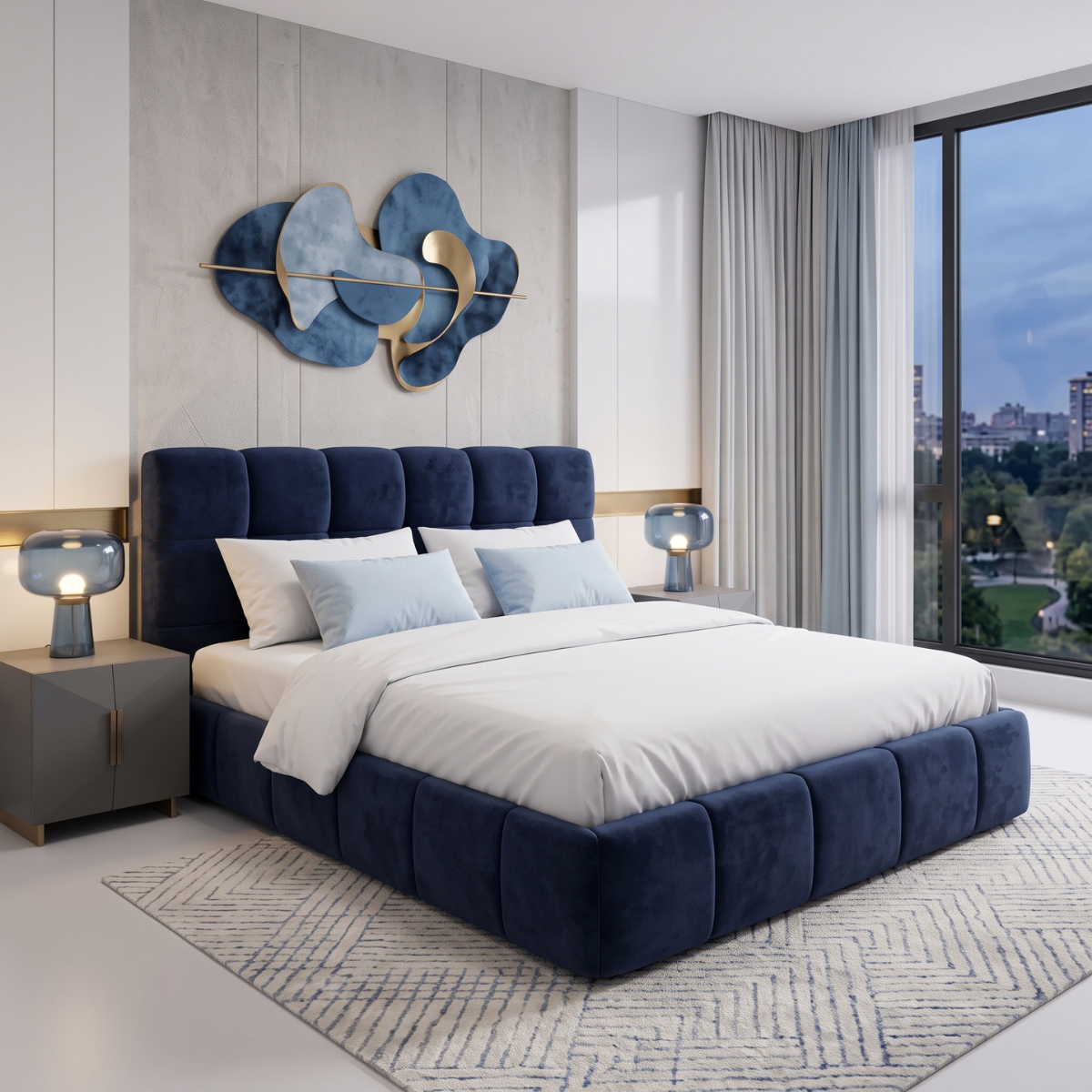 Lit coffre Aneto, tête de lit, grand espace de stockage, tissu chenille - Collection Aneto