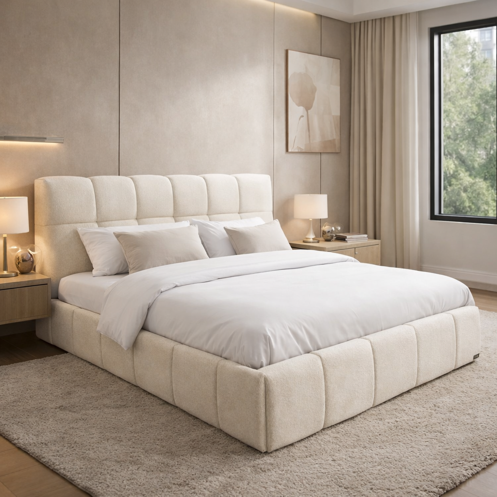 Aneto storage bed, headboard, large storage space, chenille fabric - Aneto Collection