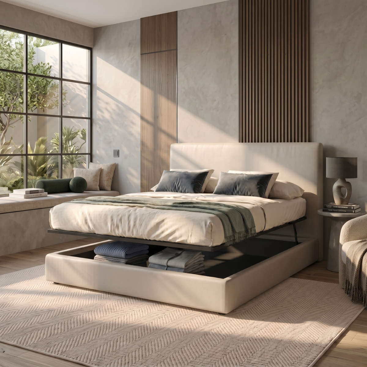 Storage bed with side and front opening headboard in faux leather - Parallèle design collection