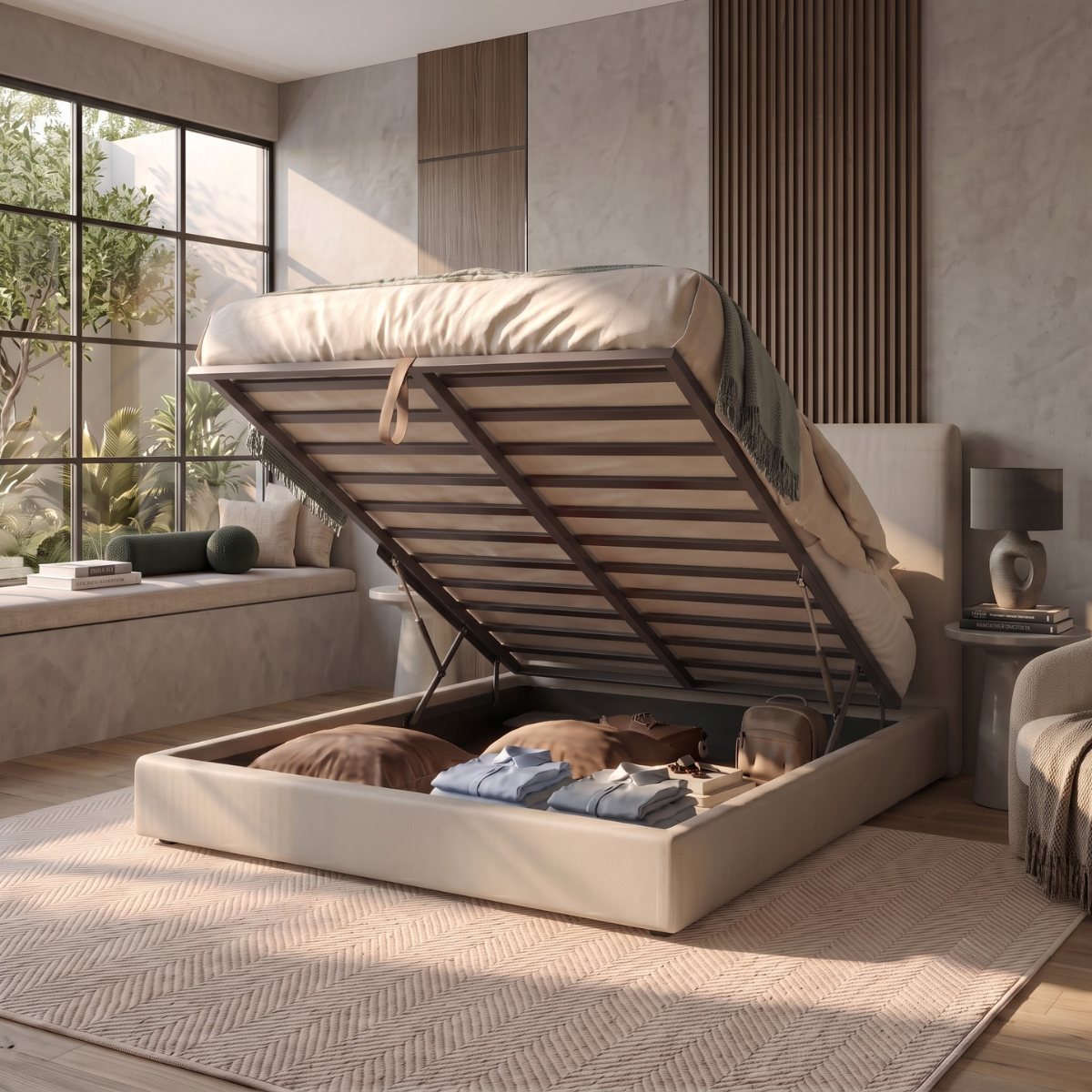 Storage bed with side and front opening headboard in faux leather - Parallèle design collection