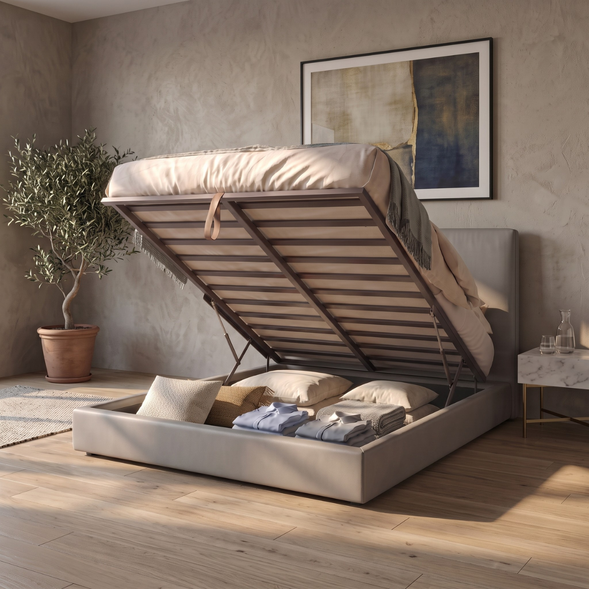 Storage bed with side and front opening headboard in faux leather - Parallèle design collection