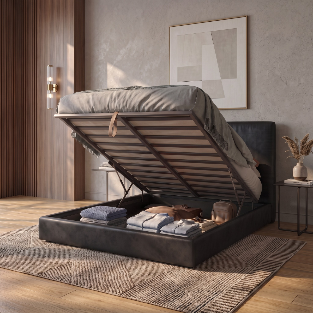 Storage bed with side and front opening headboard in faux leather - Parallèle design collection