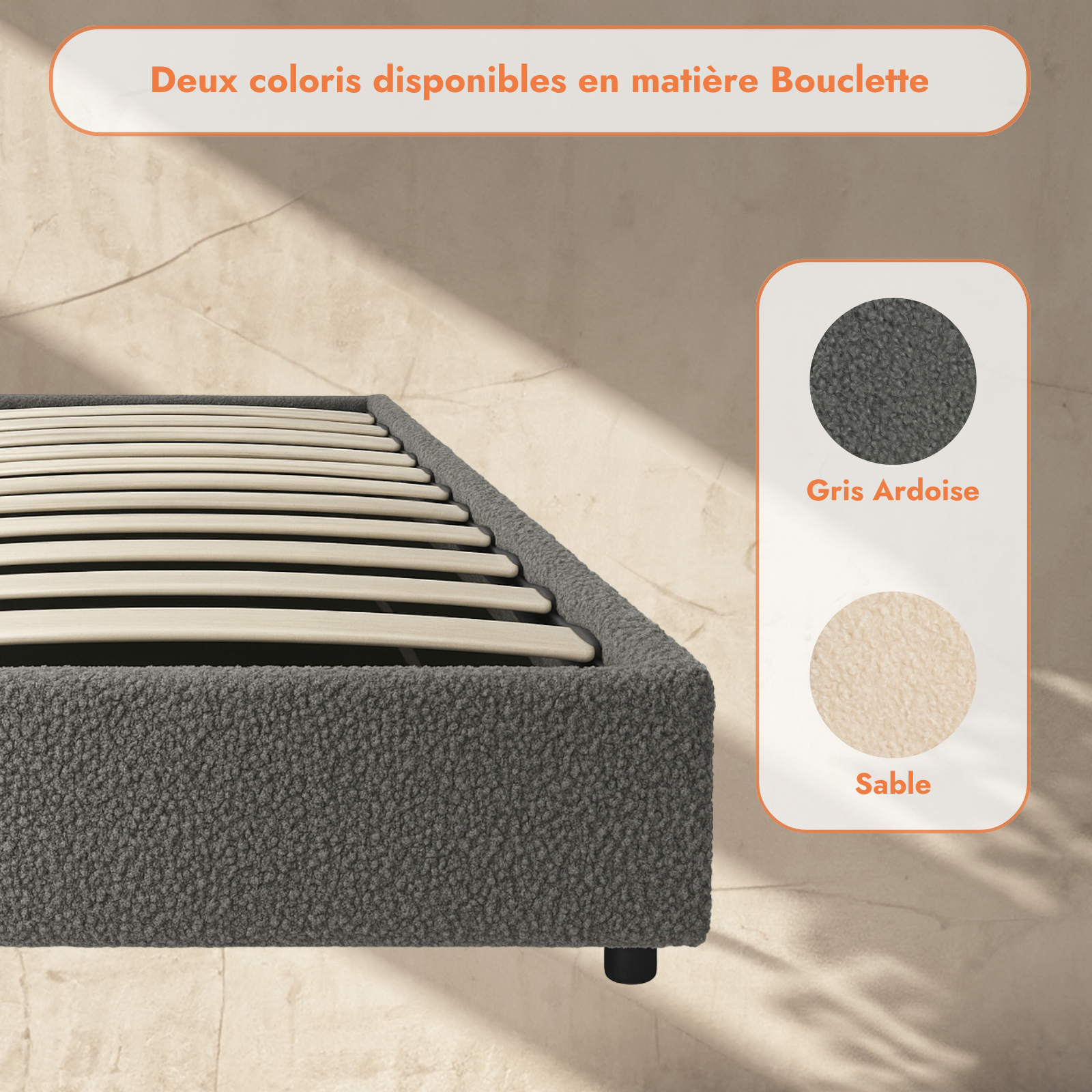 Electric storage bed with bouclé fabric, remote control, flexible slatted base - Futura Collection