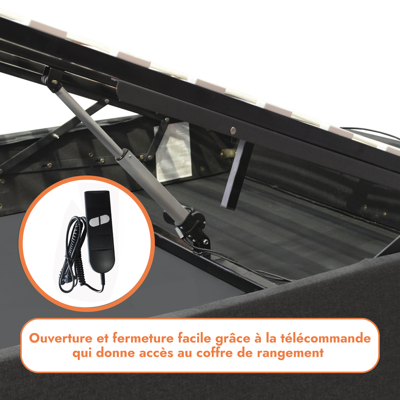 Lit coffre électrique bouclette, télécommande, sommier flexible - Collection Futura