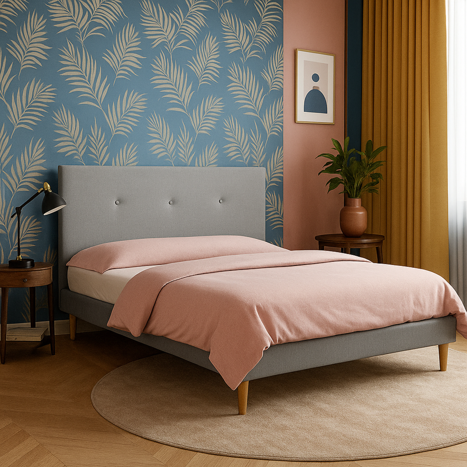 Modernes Polsterbett Majestic: Stoff und Lattenrost aus Holz